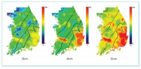 넥스지오의 법정관리 신청으로 포항 지열발전은 새로운 국면에 들어갔다. 사진은 국내 심부 지온분포 현황 [사진=넥스지오]