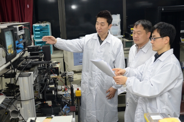ETRI 연구진이 개발한 광 시냅스 모방소자를 광 신호 분석 장비를 활용해서 정밀하게 확인하고 있다. (왼쪽부터 최홍규 선임연구원, 정광효 책임연구원, 김진태 프로젝트 리더) [사진=ETRI]