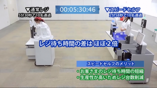 테라오카 정공의 세미-셀프 계산방식의 자사제품 ‘Qcashier’를 이용한 실험을 한 결과 10명이 계산을 마치는데 기존 계산대의 약 절반인 2분 58초가 소요됐다. [사진=테라오카정공 공식 홈페이지 캡쳐]