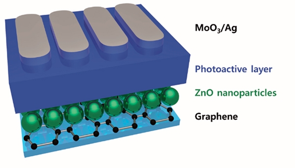 그래핀 전극에 산화아연 나노입자를 전하수송층으로 활용한 유기 태양전지의 구조 [그림=UNIST]