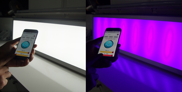 스마트폰으로 LED등의 UV기능을 제어하고 있다. [사진=네패스 LED]