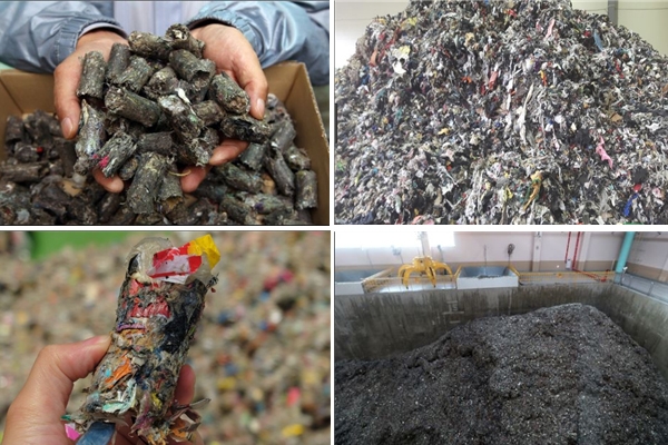 성형 일반 고형연료제품(왼쪽 위/아래)과 비성형 일반 고형연료제품(오른쪽 위/아래) [사진=산업통상자원부]