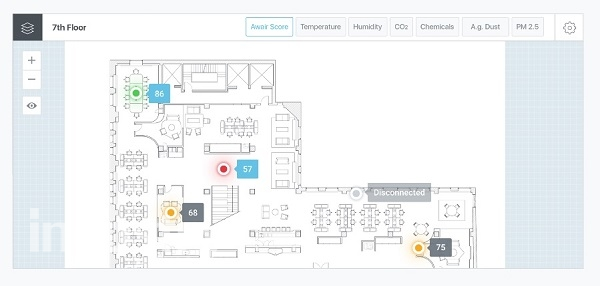 어웨어가 다층의 공기질을 한눈에 확인할 수 있는 플로어 플랜을 출시했다. 사진은 플로우 플랜 표시화면 [자료=어웨어]