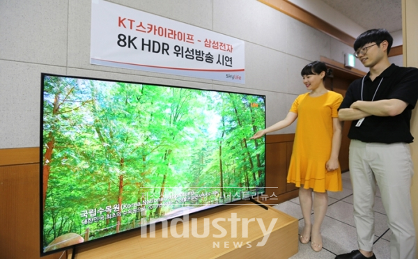 삼성전자와 KT스카이라이프 관계자가 2019년형 삼성 QLED 8K 82형을 통해 8K 위성 방송을 시청하고 있다. [사진=삼성전자]
