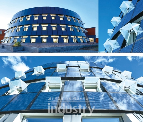 그림 2. 핀란드의 Aland에 위치하는 게임 개발기업 Paf사의 본사 건물. BIPV의 에너지적 요소에 의해 건물의 전반적 형태와 외관 즉 미(美)적 요소가 결정된 “Form Follows Energy”의 디자인 원칙을 엿볼 수 있는 사례건물 [사진=www.murman.se/projekt/paf/]