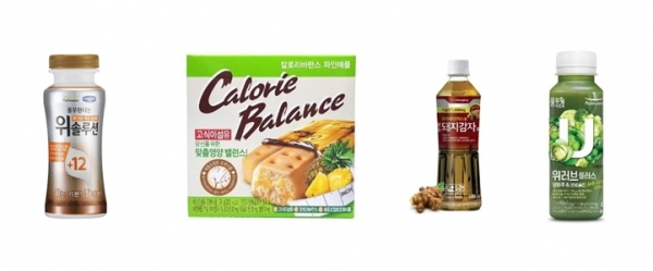 사진 왼쪽부터 풀무원다논 ‘위솔루션’, 해태제과 에너지바 ‘칼로리바란스 파인애플’,광동제약 ‘광동 돼지감자차’’, 풀무원녹즙 ‘위러브 플러스’ [사진=풀무원다논]
