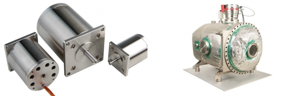 왼쪽부터 ①UHV 애플리케이션을 위해 아웃개싱 홀, 폴리이미드 케이블, 스테인리스 스틸 재질로 제작된 모터, ②PI의 260L 대형 진공 챔버 테스트 장비 [사진=PI 코리아]