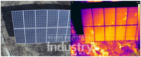 열화상카메라를 활용하면 태양광 패널 표면의 오염이나 특정 부위의 과열, 그 밖의 다양한 결함 내용과 결함의 위치를 신속히 파악할 수 있다. [사진=한국남동발전]