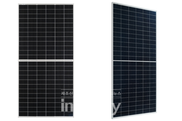 에스씨지솔루션즈가 공급 중인 라이젠에너지의 RSM144-6-410BMDG(좌측)과 RSM144-7-440BMDG(우측) 양면모듈 [사진=에스씨지솔루션즈]