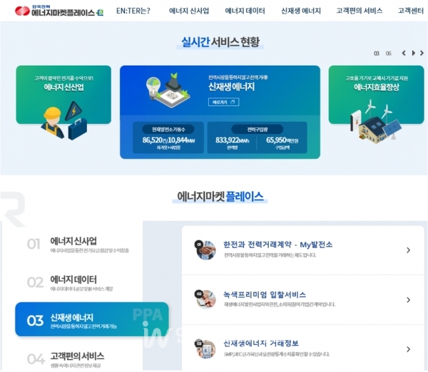 한전의 에너지 분야 오픈 플랫폼 ‘에너지마켓플레이스 EN:TER’ 홈페이지 화면 [사진=한국전력]
