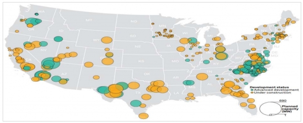 미국의 건설 중‧개발 후기인 태양광 발전 프로젝트 위치 및 규모 [출처=S&P GLOBAL, 자료=KOTRA]
