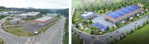 태양광 폐모듈 재활용센터 항공사진(사진 왼쪽)과 재활용센터 조감도 [사진=산업부]