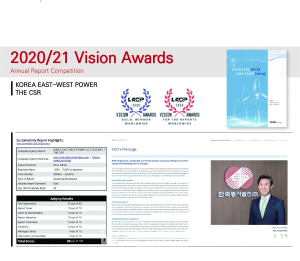 한국동서발전(사장 김영문)이 미국 LACP 주관 ‘비전 어워드’에서 2년 연속 금상을 수상했다. [사진=한국동서발전]