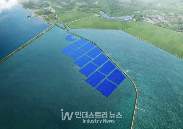 63MW 규모 고흥만 수상태양광 조감도. 2022년 8월에 준공이 완료될 예정이다. [사진=한화큐셀]<br>