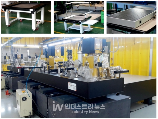 광학테이블 상판은 가벼우면서도 단단한 벌집형으로, 고유하게 설계된 공압 진동 절연체와 결합돼 진동을 감소시키는 기능을 갖췄다. [사진=에스엠텍]