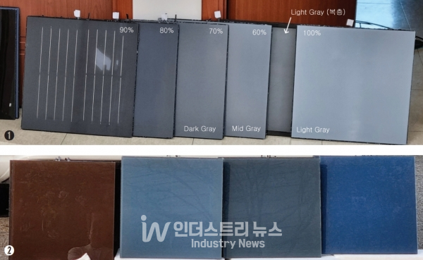 알파에너웍스가 공급 중인 컬러 BIPV 제품들. ①도트 패턴으로 컬러를 구현한 컬러 BIPV ②무기 안료를 사용한 세라믹 컬러 BIPV ③결정형 고효율 컬러 BIPV [사진=알파에너웍스]