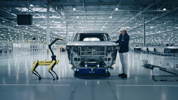 HMGMA 차체 공장에서 보스턴 다이내믹스의 4족 보행 로봇 ‘스팟(Spot)’이 차체를 검사하고 있다./사진=현대자동차그룹