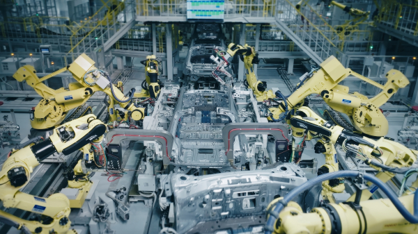 HMGMA 차체 공장에서 차량 패널이 용접 공정을 거치며 자동차의 형태로 생산되고 있다./사진=현대자동차그룹