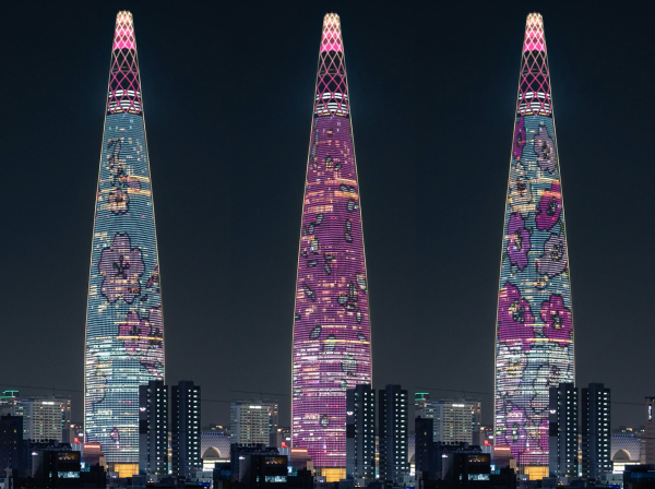 서울 송파구 롯데월드타워 외벽 미디어파사드에 벚꽃 콘텐츠가 송출되고 있다./사진=롯데물산