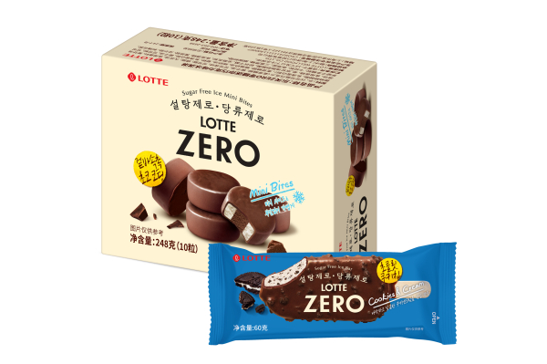 중국 코스트코에서 판매하는 '제로 미니바이트 밀크&초코', '제로 쿠키&크림' 패키지 이미지. 패키지에 중국어 표기가 돼 있다./이미지=롯데웰푸드
