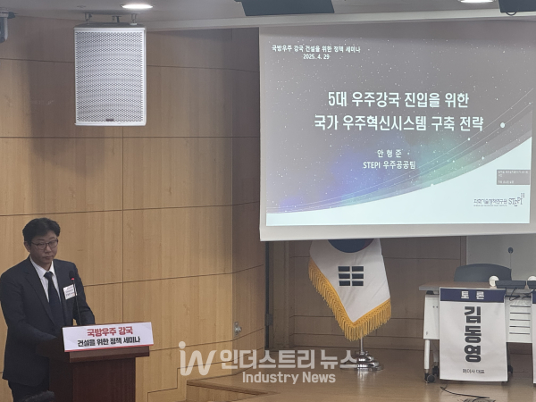 29일 안형준 과학기술정책연구원 우주공공팀장이 '5대 우주강국 진입을 위한 국가 우주혁신시스템 구축 전략'을 주제로 '국방우주 강국 건설을 위한 정책 세미나'에서 발표하고 있다./사진=김기찬 기자