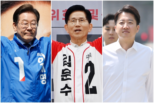 광화문 청계광장에서 열린 중앙선대위 출정식 및 첫 유세에 나선 (왼쪽부터) 더불어민주당 이재명, 여의도 국민의힘 중앙당사에서 열린 중앙선대위 임명장 수여식에 참석한 국민의힘 김문수, 연세대학교 캠퍼스 방문한 개혁신당 이준석 대선 후보./사진=연합뉴스