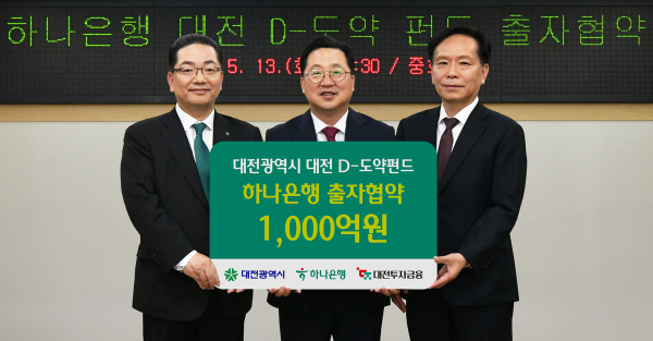 하나은행은 지난 13일 오후 대전시청에서 대전광역시, 대전투자금융과 함께 지역 스타트업 혁신 성장 지원 및 벤처투자 생태계 활성화를 위해 「대전 D-도약펀드」에 1천억원을 출자하는 협약을 체결했다고 밝혔다. 이날 행사에 참석한 이호성 하나은행장(사진 왼쪽)이 이장우 대전시장(사진 가운데), 송원강 대전투자금융 대표이사(사진 오른쪽)와 함께 출자 협약을 축하하며 기념촬영을 하고 있다.