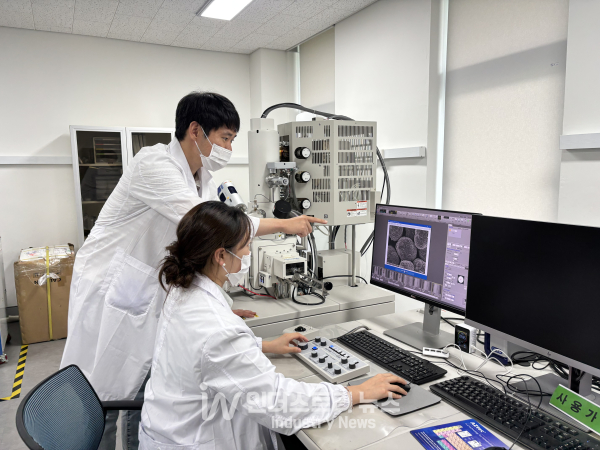 한국에너지기술연구원 울산차세대전지연구개발센터 진우영, 차형연 연구팀이 실험결과를 분석하는 모습 [사진=한국에너지기술연구원]