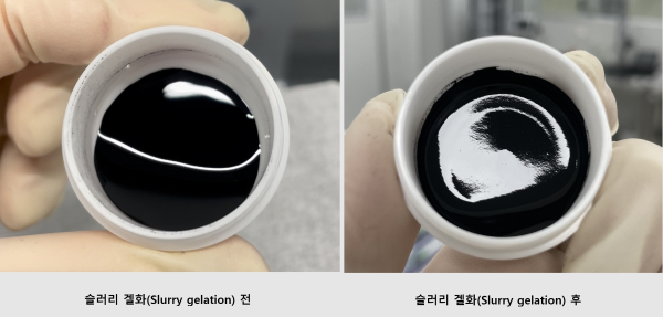배터리 양극재의 슬러리 겔화 전후 비교 [사진=한국에너지기술연구원]