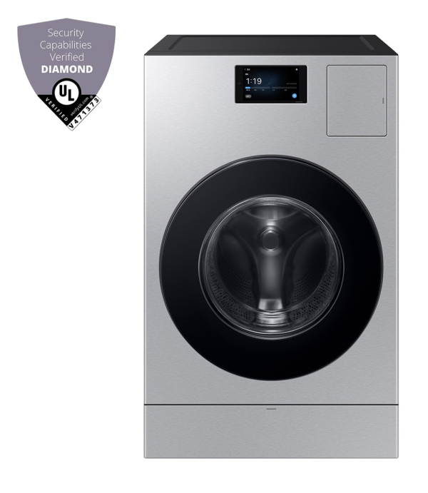 삼성전자 ‘비스포크 AI 콤보’ 일체형 세탁건조기 제품 이미지와 ‘UL 솔루션즈(UL Solutions)’가 주관하는 사물인터넷 보안 평가 ‘다이아몬드’ 등급 이미지./사진=삼성전자