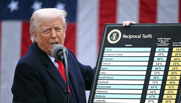 도널드 트럼프 미국 대통령이 지난 2일 미국 워싱턴 D.C. 백악관 로즈가든에서 국가별 상호관세 차트를 들고 연설하고 있다. /사진=AFP, 연합뉴스<br>