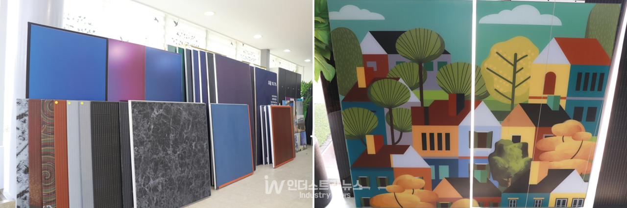 옥토끼이미징은 컬러 BIPV 모듈을 대리석 질감, 그림 인쇄 등 다양한 디자인으로 심미성을 한층 끌어올려 소비자 선택 폭을 넓혔다. [사진=인더스트리뉴스]<br>