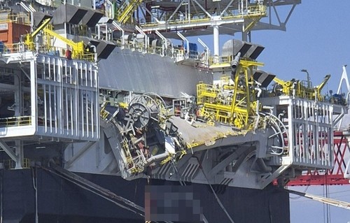 2025년9월3일 경상남도 거제시 한화오션 거제조선소에서 건조중인 해양플랜트 상부가 휘어지면서 브라질 선주 소속 감독관 ㄱ씨가 사망하는 사고가 발생한 현장./사진=연합뉴스