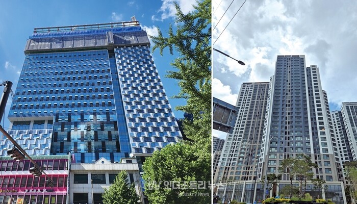 에스아이 BIPV 적용 현장. 서울 공평 15, 16지구 조시정비형 재개발 신축공사(사진 왼쪽), 장위동 지에스 자이(사진 오른쪽) [사진=에스아이]