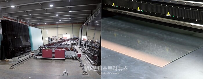 에스아이 BIPV 모듈 생산 공장 내부. 판유리 가공 장비(사진 왼쪽), 신규 인쇄 장비(사진 오른쪽) [사진=인더스트리뉴스]