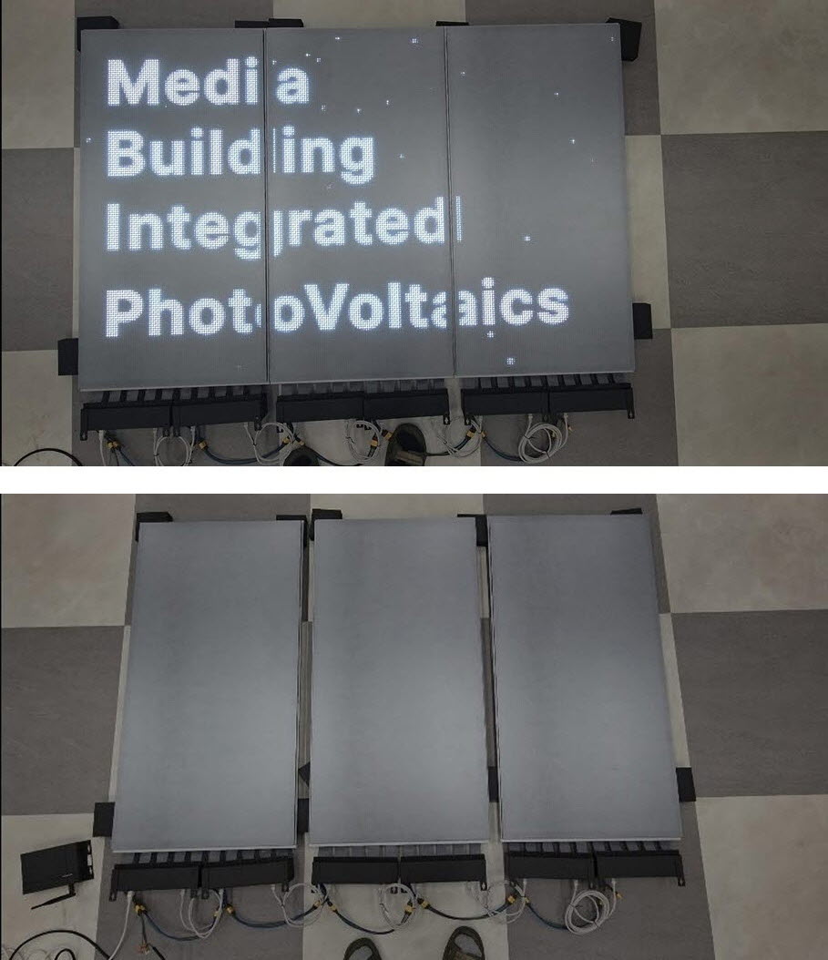 주간에는 발전하다가(하부 사진) 야간에 LED로 미디어를 송출하는(상부 사진) 미디어 BIPV [사진=엡스코어]