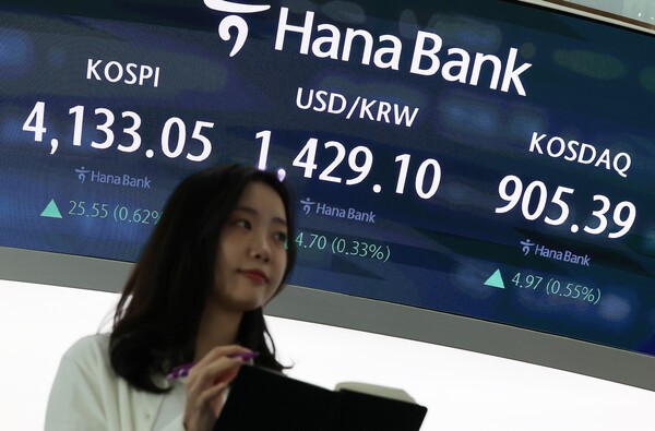 코스피가 상승 출발해 4130대를 나타낸 3일 오전 서울 중구 하나은행 본점 딜링룸에서 직원들이 업무를 보고 있다. 이날 코스피는 전장보다 15.86포인트(0.39%) 오른 4123.36으로 출발했다. 코스닥지수도 전장보다 5.77포인트(0.64%) 상승한 906.19로 출발했다. / 사진 = 연합뉴스&nbsp;<br>