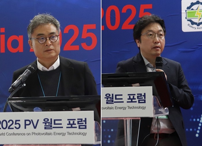 사진 왼쪽부터 ‘PV월드포럼’ 강연자로 나선&nbsp;에스제이신소재 김훈래 대표,&nbsp;서울대학교 김진영 교수 [사진=인더스트리뉴스]<br>