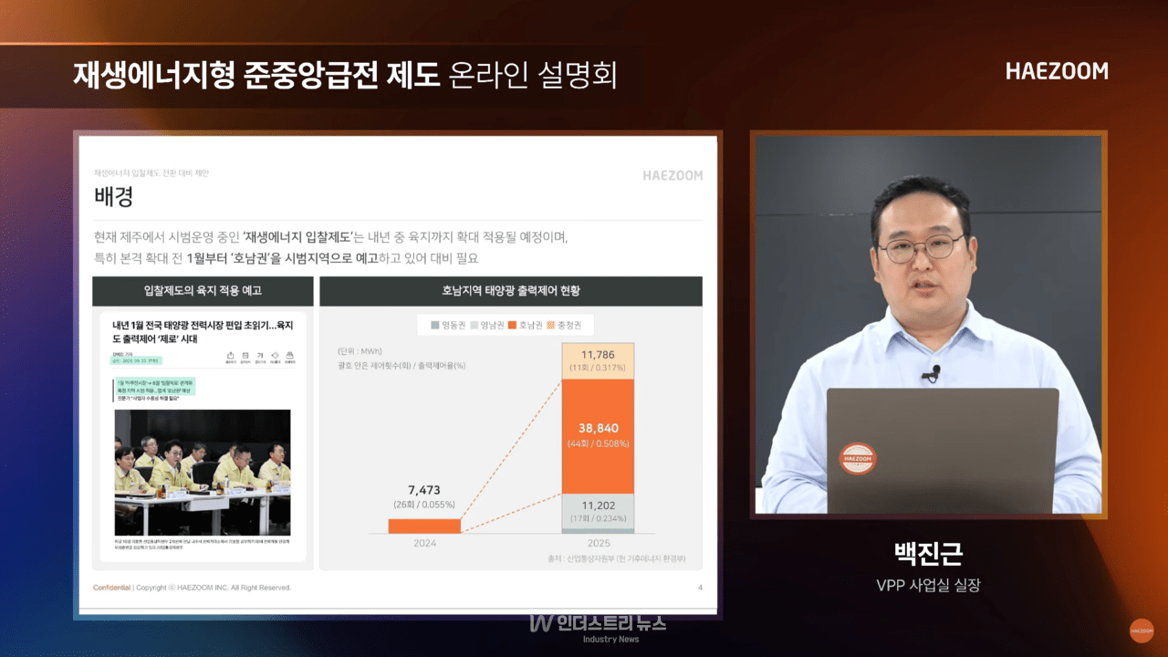 해줌이 지난 12일 진행한 온라인 세미나 화면.&nbsp;해줌 VPP 사업실 백진근 실장이재생에너지형 준중앙급전 제도를 설명하고 있다. [사진=해줌]