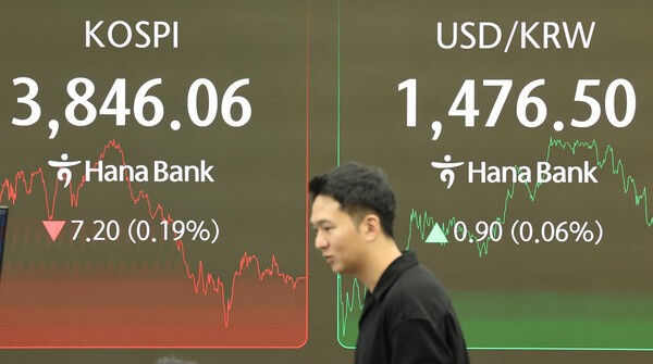 24일 오후 서울 중구 하나은행 딜링룸 현황판에 코스피 지수 등이 표시되고 있다. 이날 코스피는 전장보다 7.20포인트(0.19%) 내린 3846.06에 장을 마쳤다. / 사진 = 연합뉴스&nbsp;<br>